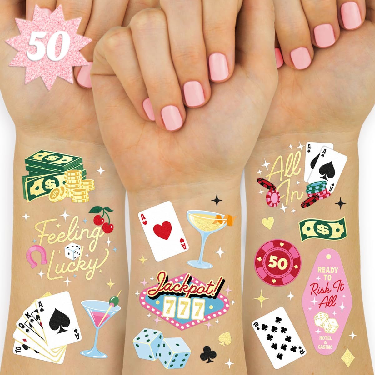 xo, Fetti Casino Temporary Tattoos - 50 Gold Foil | Bachelorette Decorations, Las Vegas Theme Party Favors, Birthday Accessory, Game Night Gift, Dice Decor - görsel 1