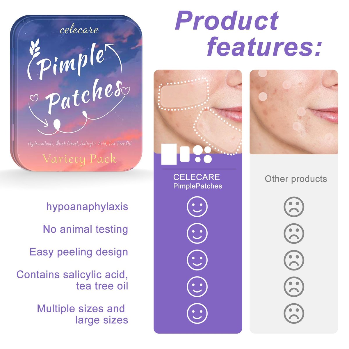 CELECARE 324pcs Acne Patches with Tea Tree Oil & Salicylic Acid - Large Pimple Patches for Face, Hydrocolloid Zit Dots in Storage Boxes - görsel 13
