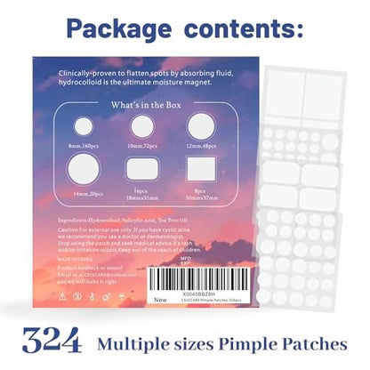CELECARE 324pcs Acne Patches with Tea Tree Oil & Salicylic Acid - Large Pimple Patches for Face, Hydrocolloid Zit Dots in Storage Boxes
