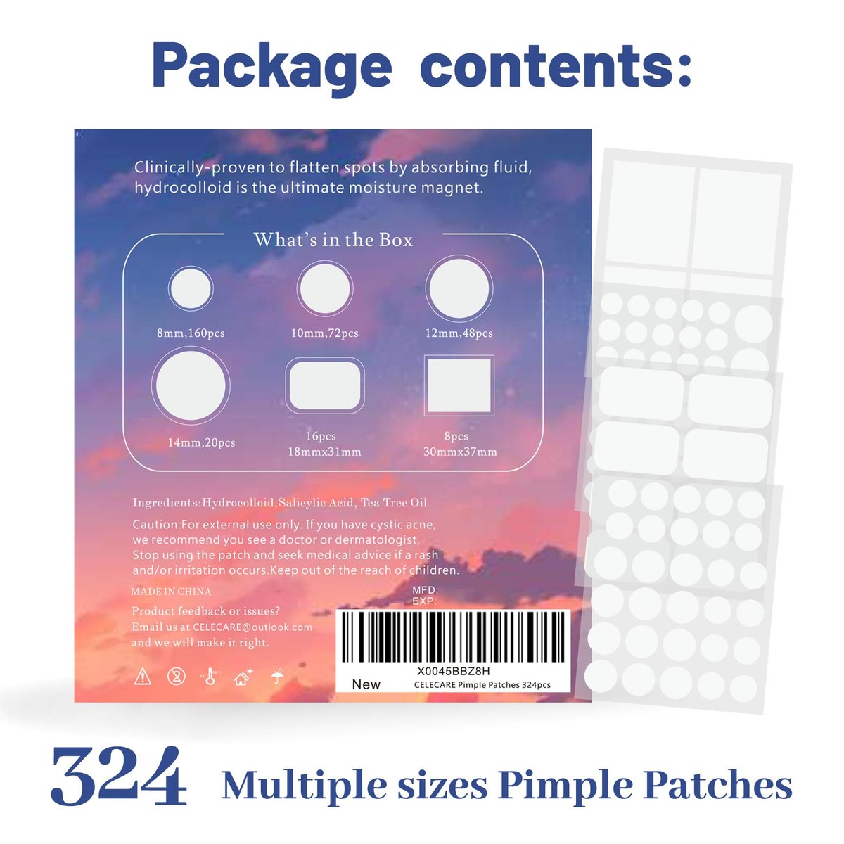 CELECARE 324pcs Acne Patches with Tea Tree Oil & Salicylic Acid - Large Pimple Patches for Face, Hydrocolloid Zit Dots in Storage Boxes - görsel 3