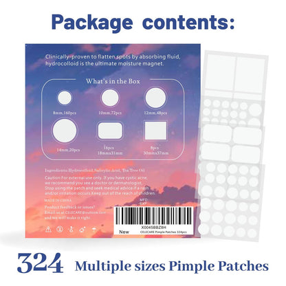 CELECARE 324pcs Acne Patches with Tea Tree Oil & Salicylic Acid - Large Pimple Patches for Face, Hydrocolloid Zit Dots in Storage Boxes