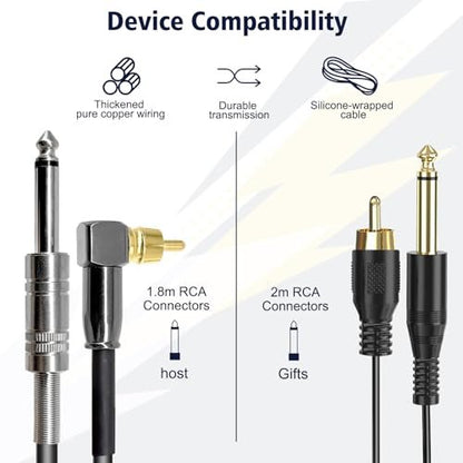 PMUBEAUTY 2 Pack Premium Tattoo Machine Clip Cable Cord - RCA to 6.35mm Connector Power Supply for Rotary Tattoo Machines