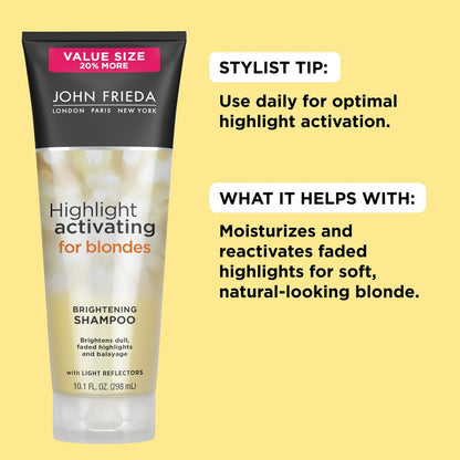 John Frieda Sheer Blonde Highlight Activating Shampoo, Brightening Shampoo for Blonde Hair, Maintains and Enhances Color, Removes Dulling Residue and Instantly Brightens Hair, 8.45 Oz, Pack of 2