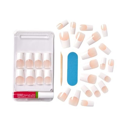 KISS Acrylic French False Nails Kit - Long Coffin Wide Fit Design, Classic White French Tip, Ready-to-Wear with Gel & Manicure Stick