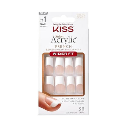 KISS Acrylic French False Nails Kit - Long Coffin Wide Fit Design, Classic White French Tip, Ready-to-Wear with Gel & Manicure Stick