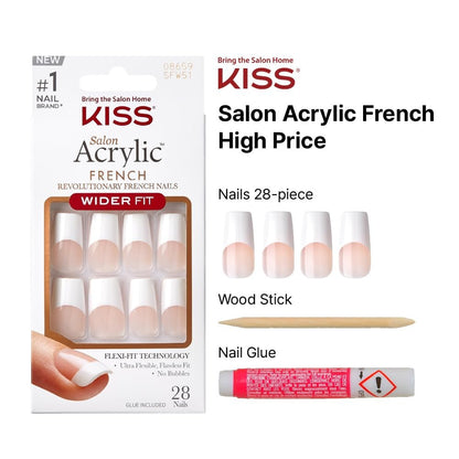 KISS Acrylic French False Nails Kit - Long Coffin Wide Fit Design, Classic White French Tip, Ready-to-Wear with Gel & Manicure Stick