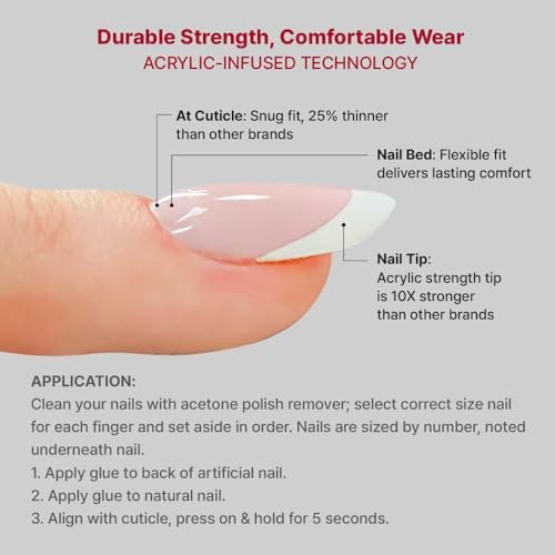 KISS Acrylic French False Nails Kit - Long Coffin Wide Fit Design, Classic White French Tip, Ready-to-Wear with Gel & Manicure Stick - görsel 12