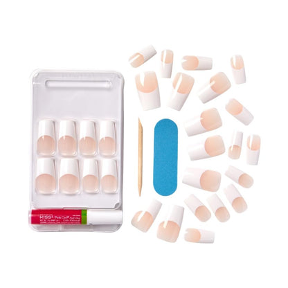 KISS Acrylic French False Nails Kit - Long Coffin Wide Fit Design, Classic White French Tip, Ready-to-Wear with Gel & Manicure Stick