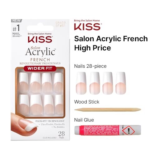 KISS Acrylic French False Nails Kit - Long Coffin Wide Fit Design, Classic White French Tip, Ready-to-Wear with Gel & Manicure Stick - görsel 6