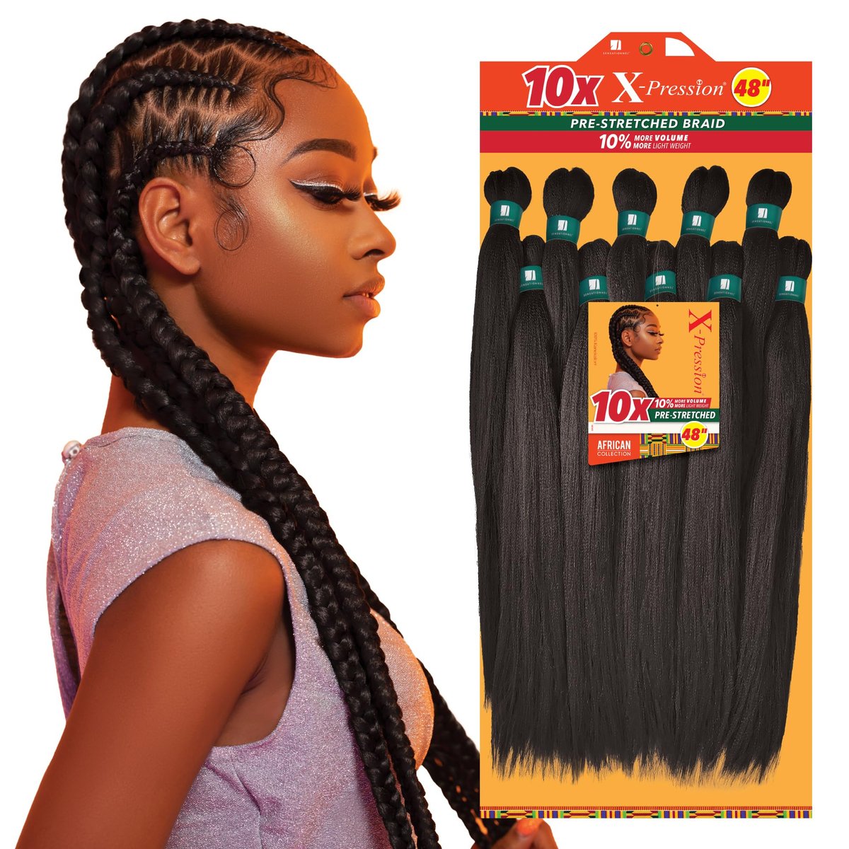 Sensationnel X-pression Prestretched Braiding Hair 48 Inch - 10x Braid All Kanekalon Synthetic Flame Retardant Braid for Box Braids and Twists (1 Jet Black) - görsel 1