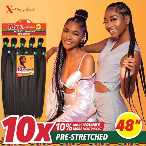 Sensationnel X-pression Prestretched Braiding Hair 48 Inch - 10x Braid All Kanekalon Synthetic Flame Retardant Braid for Box Braids and Twists (1 Jet Black) - görsel 6