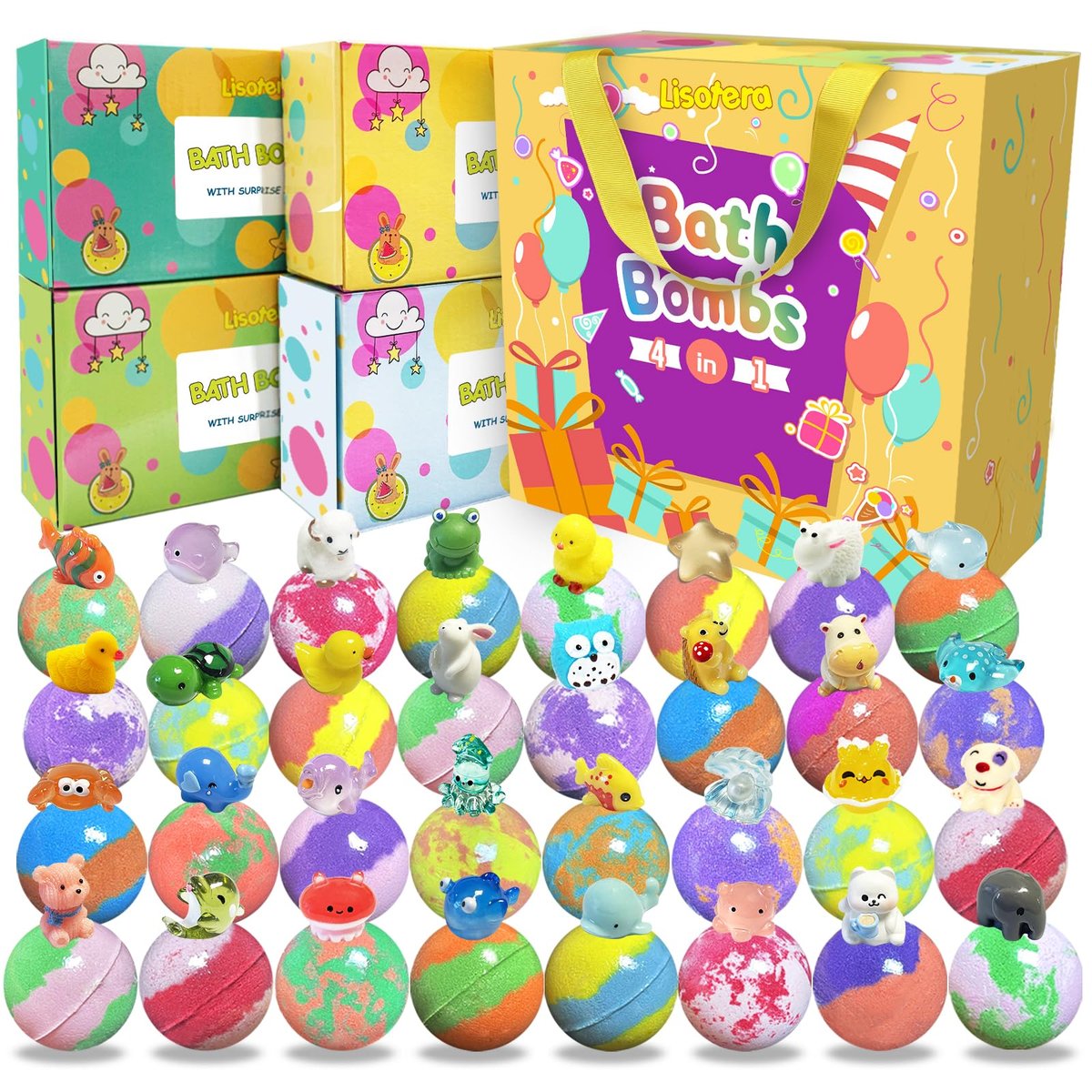 32 Pack Bath Bombs for Kids with Surprise Inside - Land & Sea Animal Toys, Handmade Fizzy Bath Balls, Easter Basket Stuffers & Birthday Gifts for Girls and Boys Avelisse
