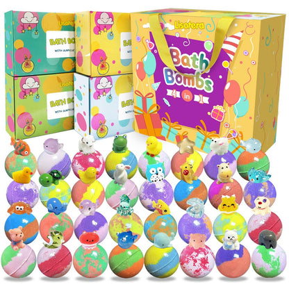 32 Pack Bath Bombs for Kids with Surprise Inside - Land & Sea Animal Toys, Handmade Fizzy Bath Balls, Easter Basket Stuffers & Birthday Gifts for Girls and Boys Avelisse