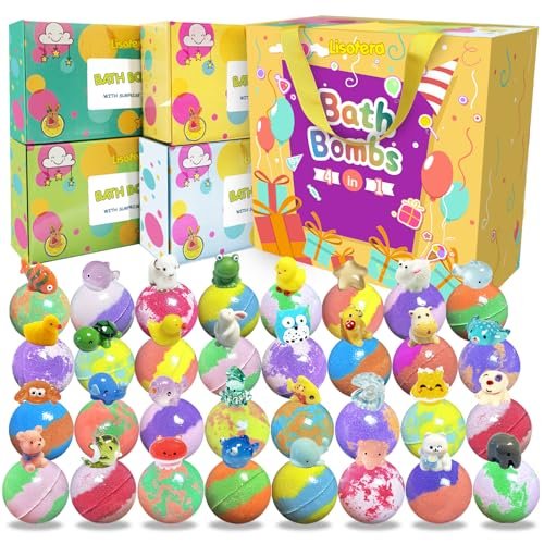 32 Pack Bath Bombs for Kids with Surprise Inside - Land & Sea Animal Toys, Handmade Fizzy Bath Balls, Easter Basket Stuffers & Birthday Gifts for Girls and Boys Avelisse