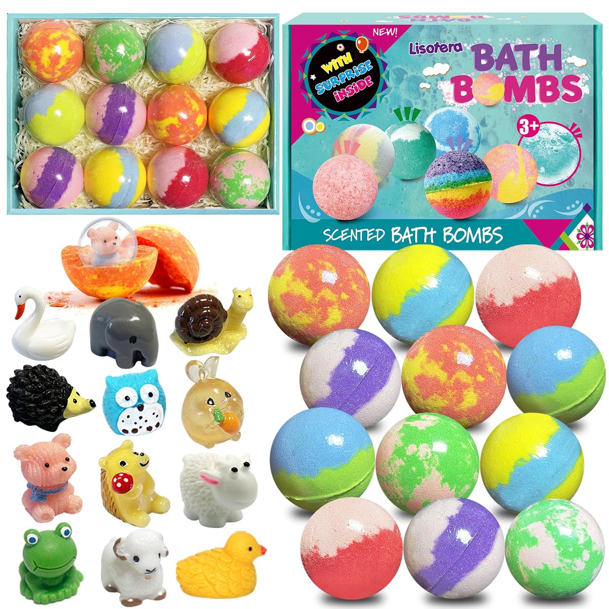 Lisotera Bath Bombs for Kids with Surprise Inside – 12 Pack Organic Colorful Fizzy Balls with Toys, Easter Gifts for Boys & Girls Avelisse