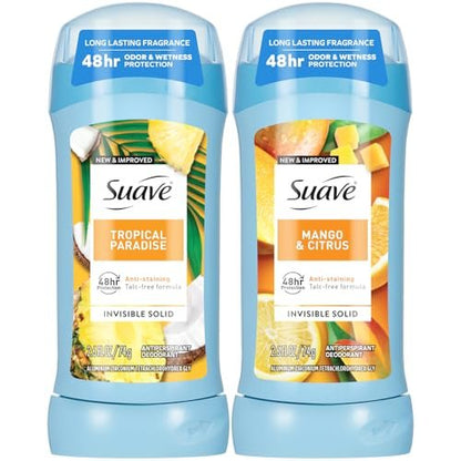 Suave Antiperspirant Deodorant for Women, Tropical Paradise + Mango & Citrus Variety 2-Pack – Anti-Staining Invisible Solid Sticks, Talc-Free, 2.6 Oz Each
