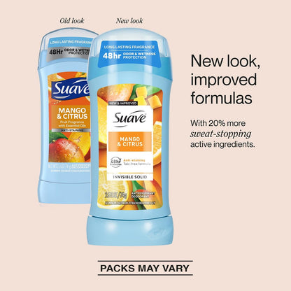 Suave Antiperspirant Deodorant for Women, Tropical Paradise + Mango & Citrus Variety 2-Pack – Anti-Staining Invisible Solid Sticks, Talc-Free, 2.6 Oz Each