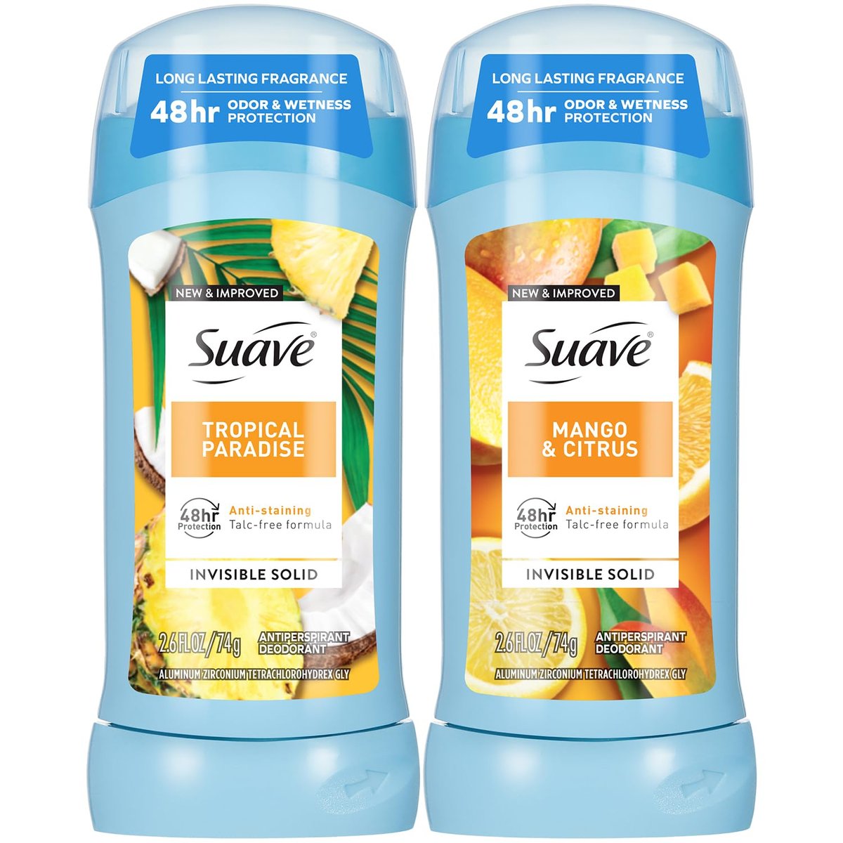 Suave Antiperspirant Deodorant for Women, Tropical Paradise + Mango & Citrus Variety 2-Pack – Anti-Staining Invisible Solid Sticks, Talc-Free, 2.6 Oz Each - görsel 1