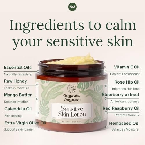Organic Jaguar Natural Body Lotion for Sensitive Skin, Scent Free, Sulfate & Paraben Free Body Care, Moisturizer With Essential Oils, Vitamin E Oil, Beeswax, Extra Virgin Olive Oil, Raw Honey, 8 oz Avelisse
