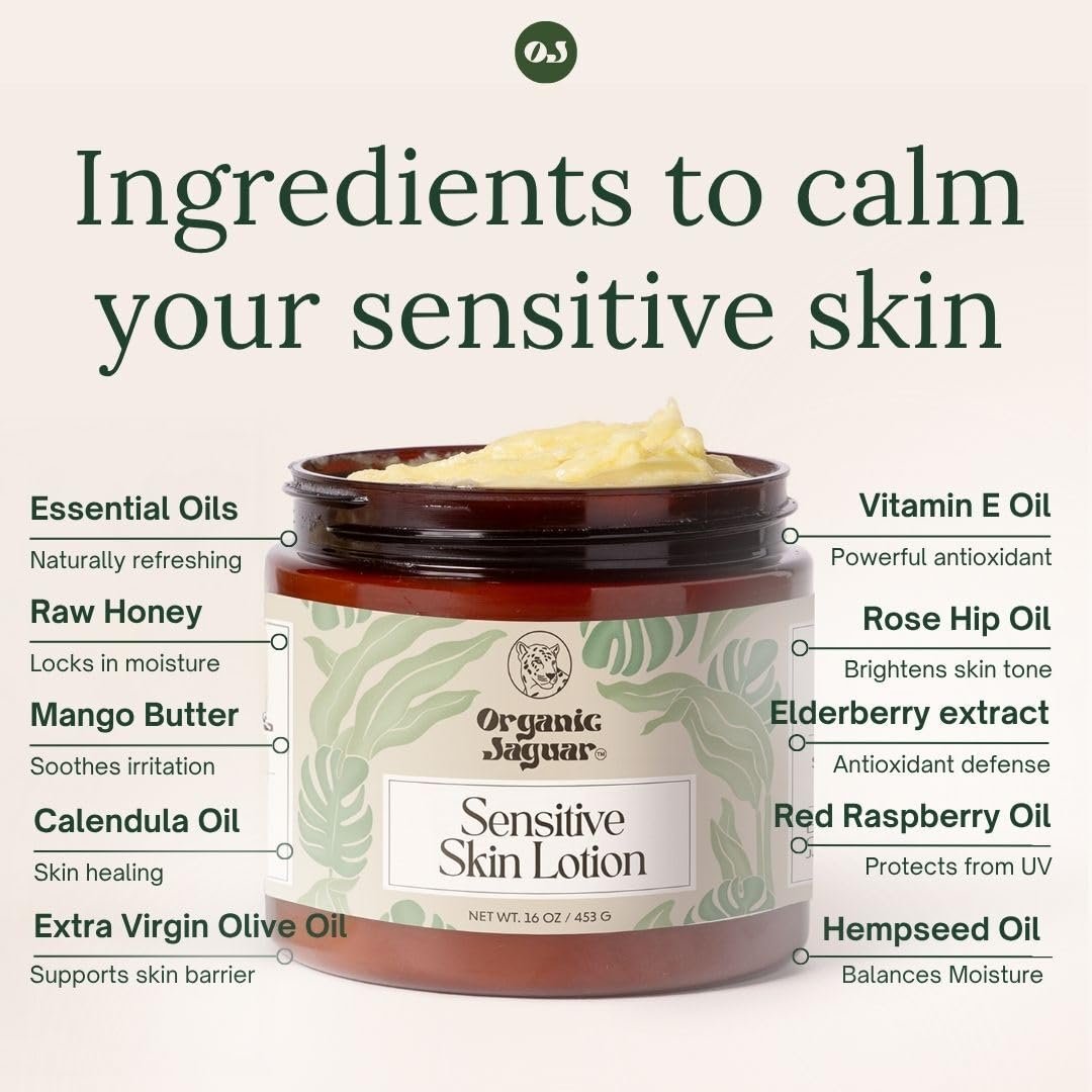 Organic Jaguar Natural Body Lotion for Sensitive Skin, Scent Free, Sulfate & Paraben Free Body Care, Moisturizer With Essential Oils, Vitamin E Oil, Beeswax, Extra Virgin Olive Oil, Raw Honey, 8 oz Avelisse