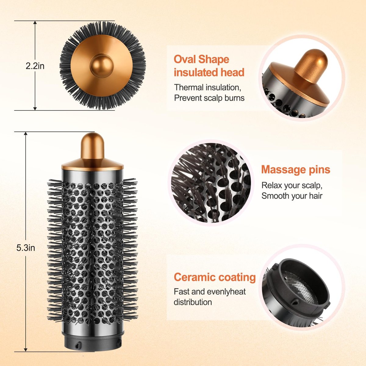 PUREGUST Round Brush Attachment for Dyson Airwrap - Oval Volumizing Brush, Gold (Small) Avelisse