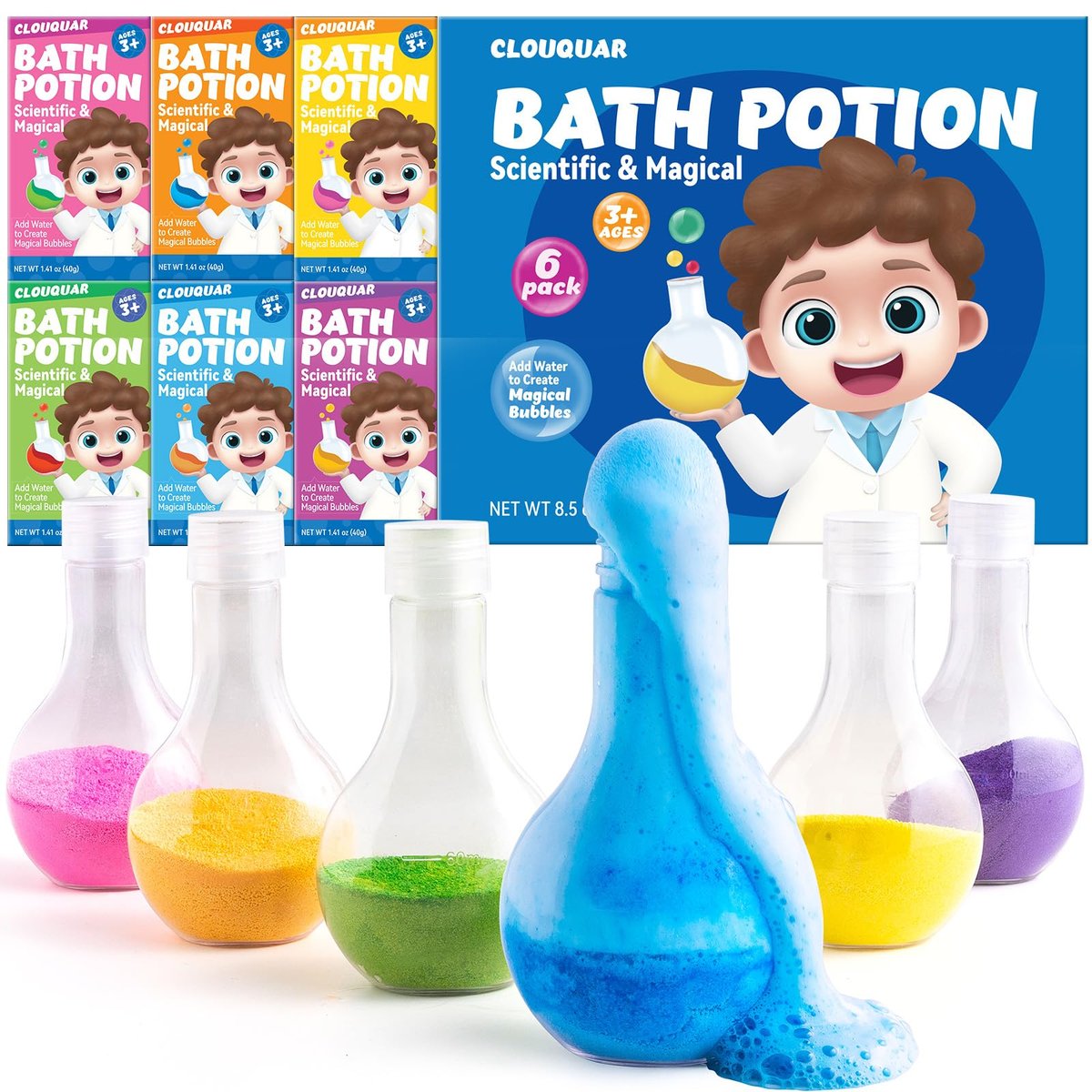 CLOUQUAR Kids Bath Bomb Potions - 6 Pack Non-Toxic Fizzy Bubble Bath Explosions, Colorful Burst Bath Potions for Kids, Scientific & Magical Bath Time Buddy, Fun & Educational Bubble Bath Avelisse