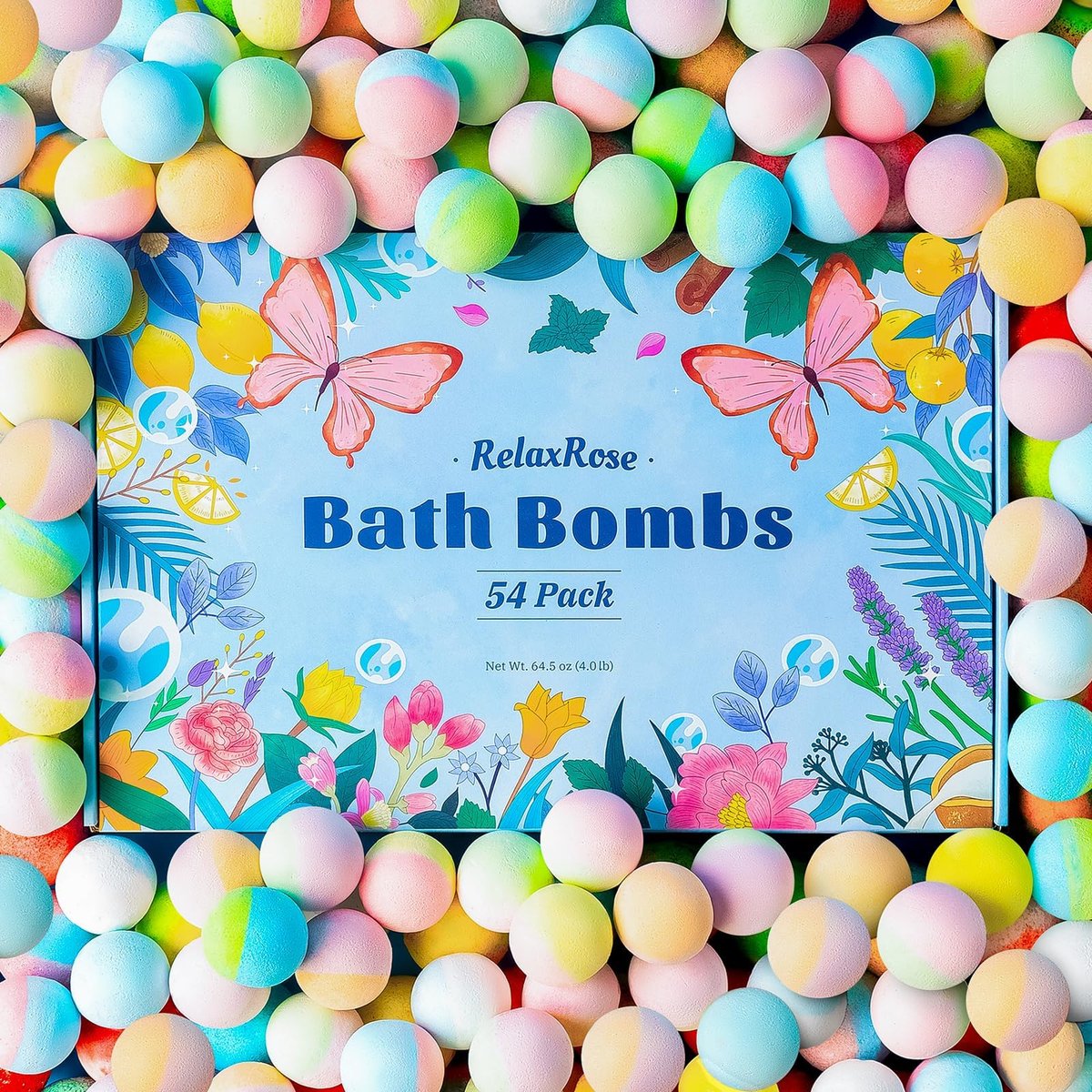 54 Pack Handmade Bath Bombs – 11 Vibrant Colors & 9 Unique Scents, Long-Lasting Fizzy Bubbles & Colorful Magic, 7-Minute Dissolve for Relaxation, Perfect for Birthdays & Summer Self-Care Avelisse