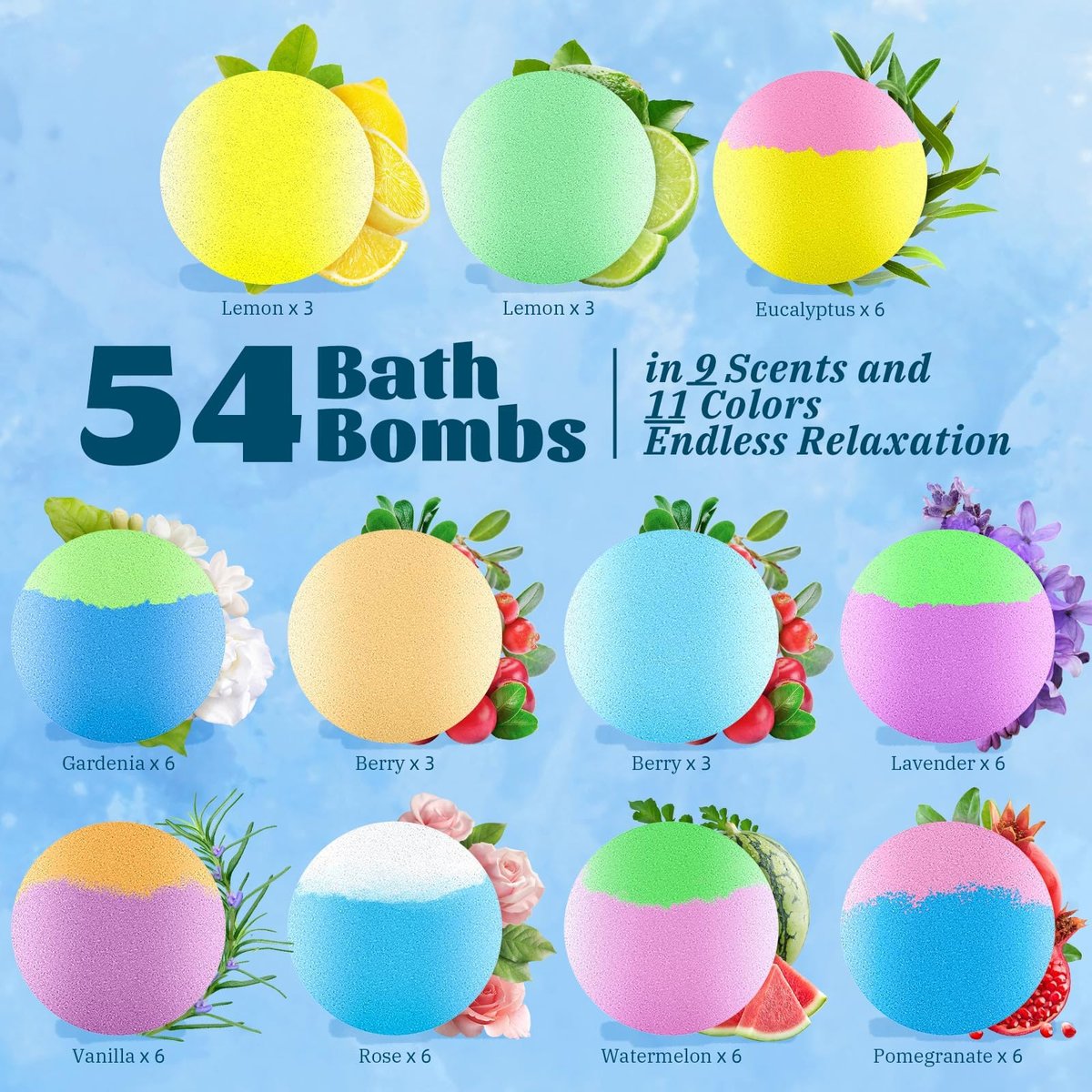 54 Pack Handmade Bath Bombs – 11 Vibrant Colors & 9 Unique Scents, Long-Lasting Fizzy Bubbles & Colorful Magic, 7-Minute Dissolve for Relaxation, Perfect for Birthdays & Summer Self-Care Avelisse