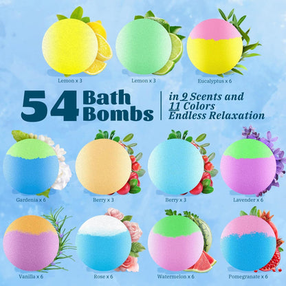 54 Pack Handmade Bath Bombs – 11 Vibrant Colors & 9 Unique Scents, Long-Lasting Fizzy Bubbles & Colorful Magic, 7-Minute Dissolve for Relaxation, Perfect for Birthdays & Summer Self-Care Avelisse
