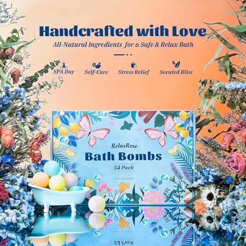 54 Pack Handmade Bath Bombs – 11 Vibrant Colors & 9 Unique Scents, Long-Lasting Fizzy Bubbles & Colorful Magic, 7-Minute Dissolve for Relaxation, Perfect for Birthdays & Summer Self-Care Avelisse