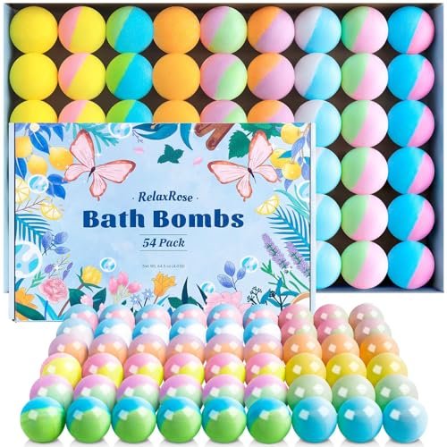 54 Pack Handmade Bath Bombs – 11 Vibrant Colors & 9 Unique Scents, Long-Lasting Fizzy Bubbles & Colorful Magic, 7-Minute Dissolve for Relaxation, Perfect for Birthdays & Summer Self-Care Avelisse