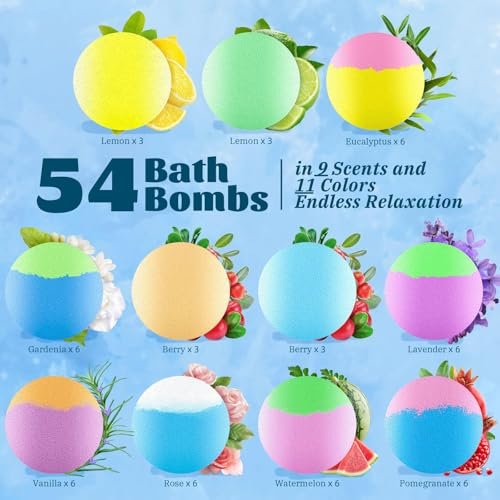 54 Pack Handmade Bath Bombs – 11 Vibrant Colors & 9 Unique Scents, Long-Lasting Fizzy Bubbles & Colorful Magic, 7-Minute Dissolve for Relaxation, Perfect for Birthdays & Summer Self-Care Avelisse