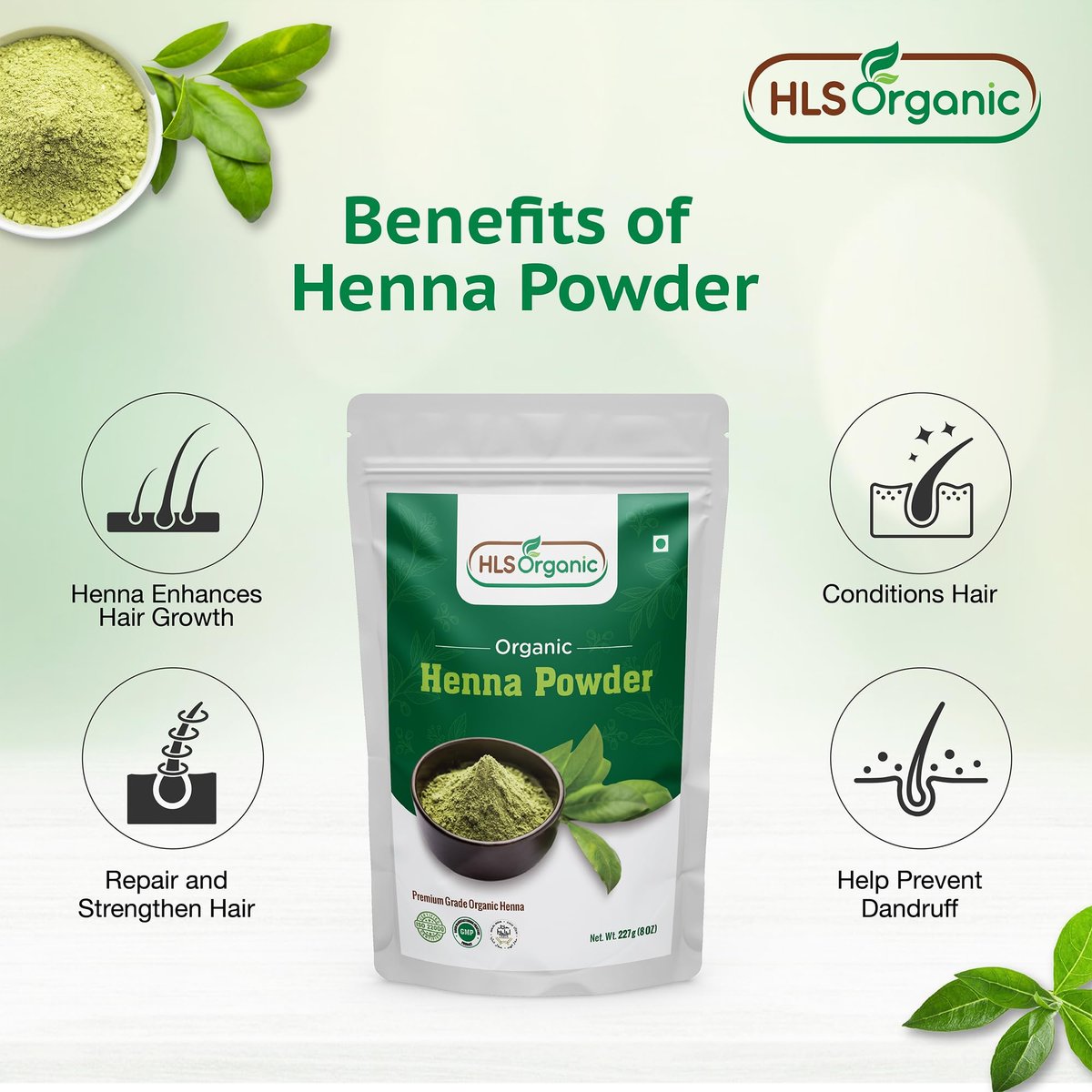 HLS Organic Henna Powder (Lawsonia Inermis) for Natural Orange-Red Hair Color | Certified Organic | 227g (8 oz) | No Chemicals or Additives Avelisse