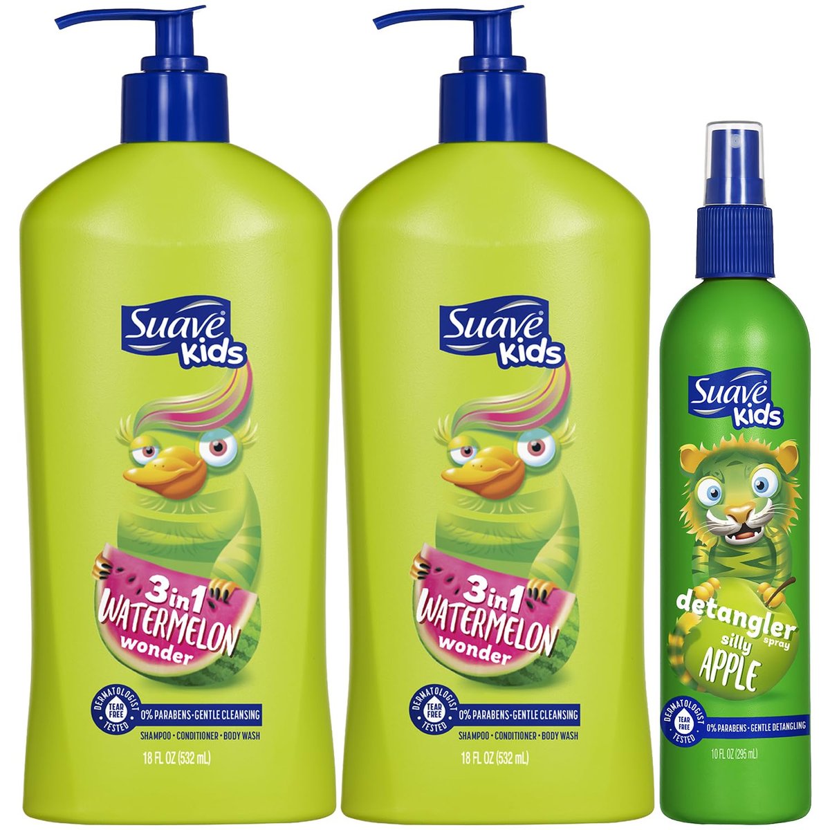 Suave Kids 3-in-1 Shampoo, Conditioner & Body Wash Watermelon Wonder 2-Pack + Detangler Spray Silly Apple - Tear Free, Dermatologist Tested Avelisse