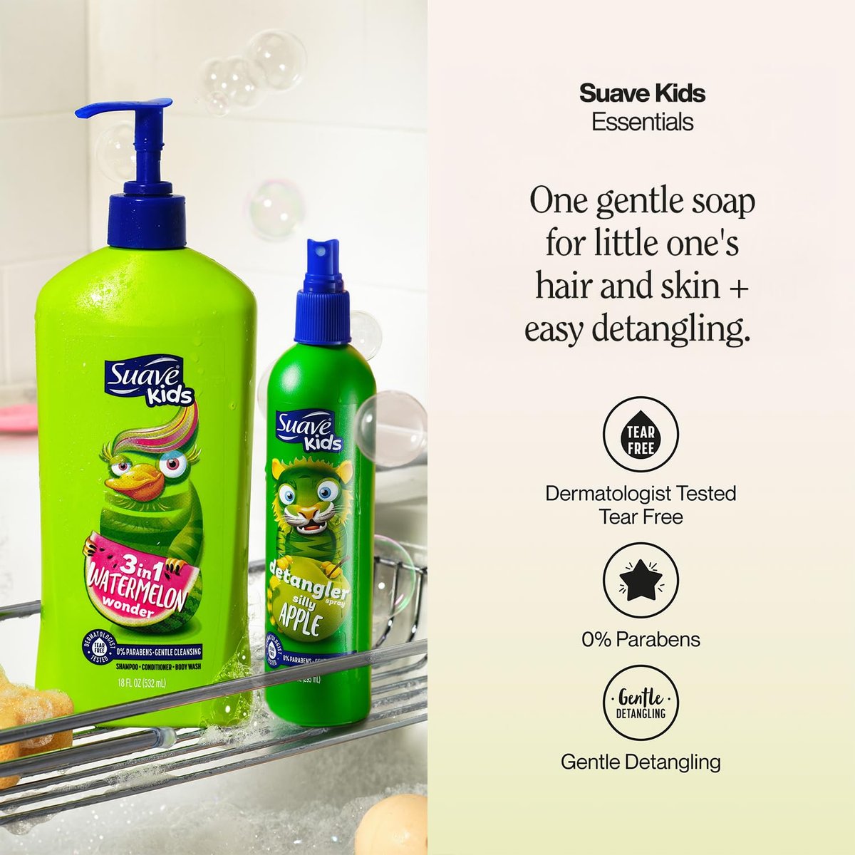 Suave Kids 3-in-1 Shampoo, Conditioner & Body Wash Watermelon Wonder 2-Pack + Detangler Spray Silly Apple - Tear Free, Dermatologist Tested Avelisse