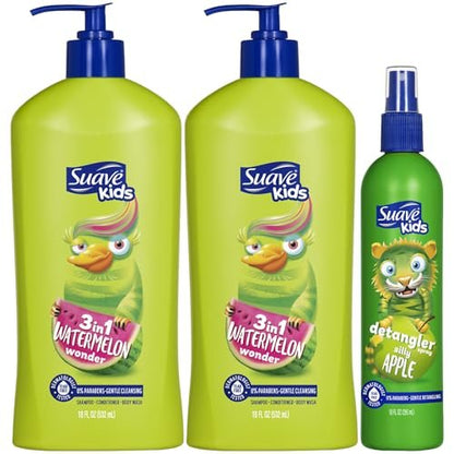 Suave Kids 3-in-1 Shampoo, Conditioner & Body Wash Watermelon Wonder 2-Pack + Detangler Spray Silly Apple - Tear Free, Dermatologist Tested Avelisse