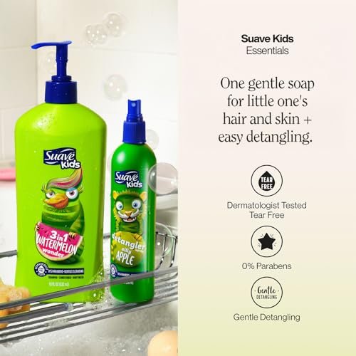 Suave Kids 3-in-1 Shampoo, Conditioner & Body Wash Watermelon Wonder 2-Pack + Detangler Spray Silly Apple - Tear Free, Dermatologist Tested Avelisse