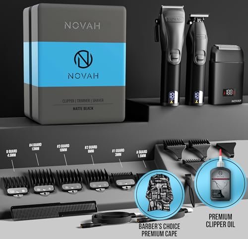 Novah Professional Barber Clippers and Trimmer Set - Cordless Foil Shaver & Hair Clipper for Men, Fade Haircut Kit, Matte Black Avelisse