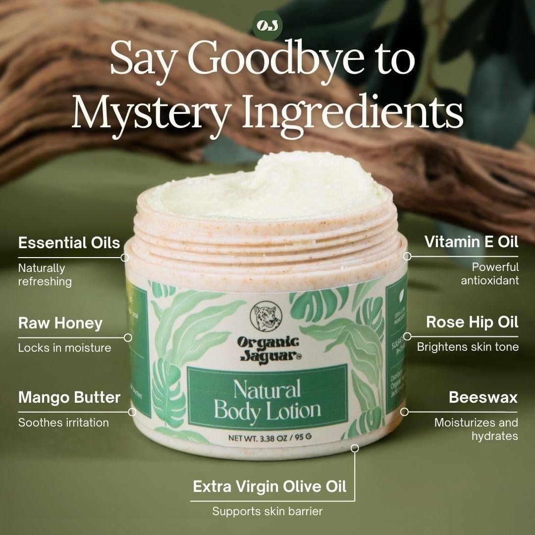 Organic Jaguar Natural Body Lotion - 8 oz Moisturizer with Essential Oils, Vitamin E, Beeswax, Olive Oil, Raw Honey & Mango Butter - Sulfate & Paraben Free - Tropical Scent Avelisse