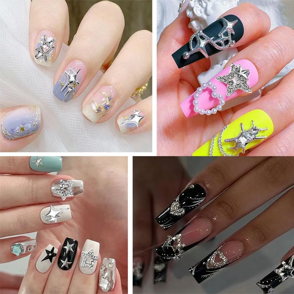 KACHIMOO 55pcs Y2K Star Nail Charms - 3D Silver Star Rhinestones for Nail Art, 9 Styles - görsel 5