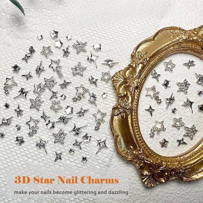 KACHIMOO 55pcs Y2K Star Nail Charms - 3D Silver Star Rhinestones for Nail Art, 9 Styles