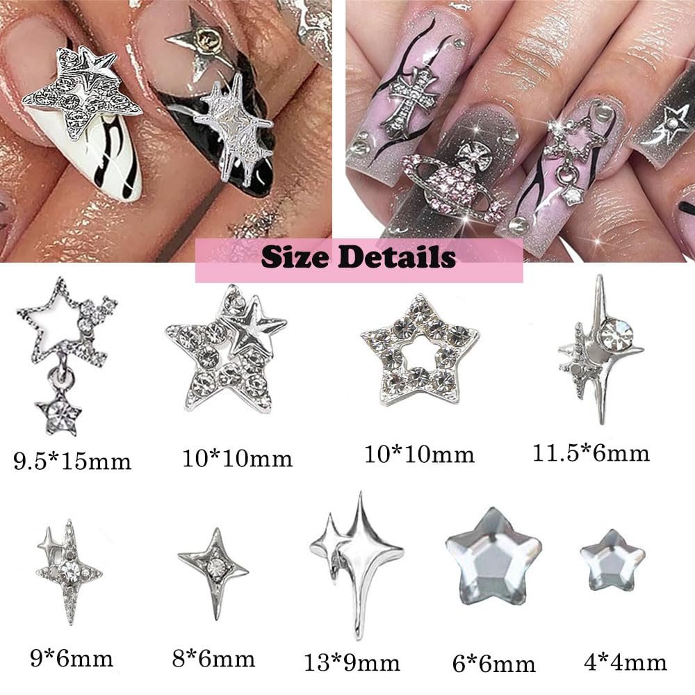 KACHIMOO 55pcs Y2K Star Nail Charms - 3D Silver Star Rhinestones for Nail Art, 9 Styles - görsel 3