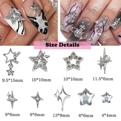 KACHIMOO 55pcs Y2K Star Nail Charms - 3D Silver Star Rhinestones for Nail Art, 9 Styles