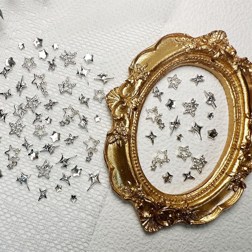 KACHIMOO 55pcs Y2K Star Nail Charms - 3D Silver Star Rhinestones for Nail Art, 9 Styles - görsel 13