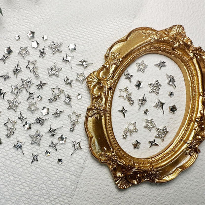 KACHIMOO 55pcs Y2K Star Nail Charms - 3D Silver Star Rhinestones for Nail Art, 9 Styles