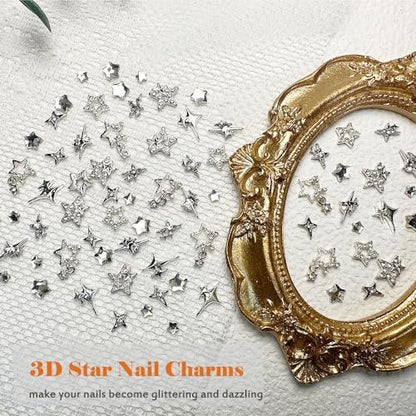 KACHIMOO 55pcs Y2K Star Nail Charms - 3D Silver Star Rhinestones for Nail Art, 9 Styles