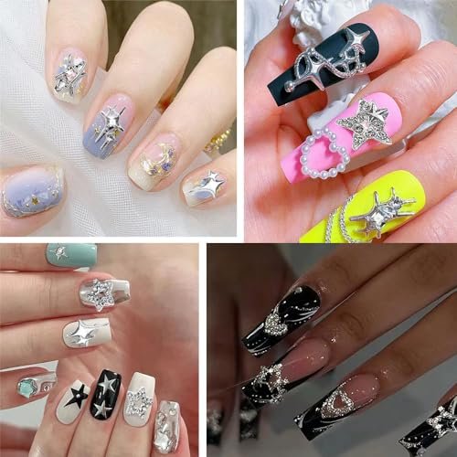KACHIMOO 55pcs Y2K Star Nail Charms - 3D Silver Star Rhinestones for Nail Art, 9 Styles - görsel 6