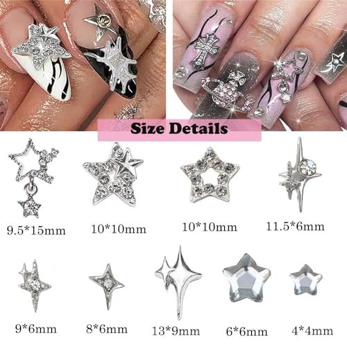 KACHIMOO 55pcs Y2K Star Nail Charms - 3D Silver Star Rhinestones for Nail Art, 9 Styles - görsel 4