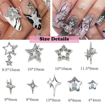 KACHIMOO 55pcs Y2K Star Nail Charms - 3D Silver Star Rhinestones for Nail Art, 9 Styles