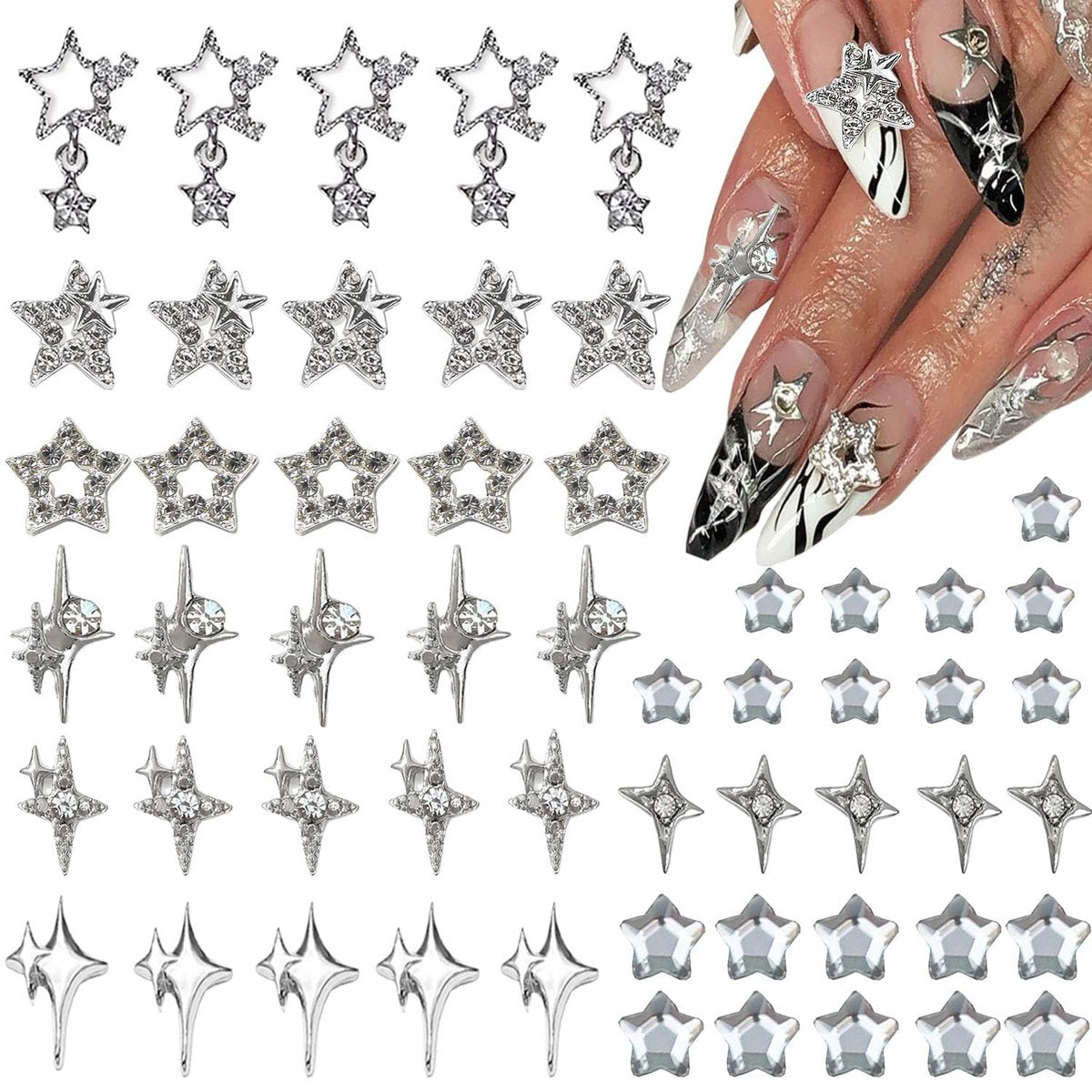 KACHIMOO 55pcs Y2K Star Nail Charms - 3D Silver Star Rhinestones for Nail Art, 9 Styles - görsel 1